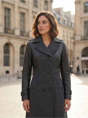 Danier Charcoal Gray Wool Blend Double-Breasted Coat with Leather Sleeves